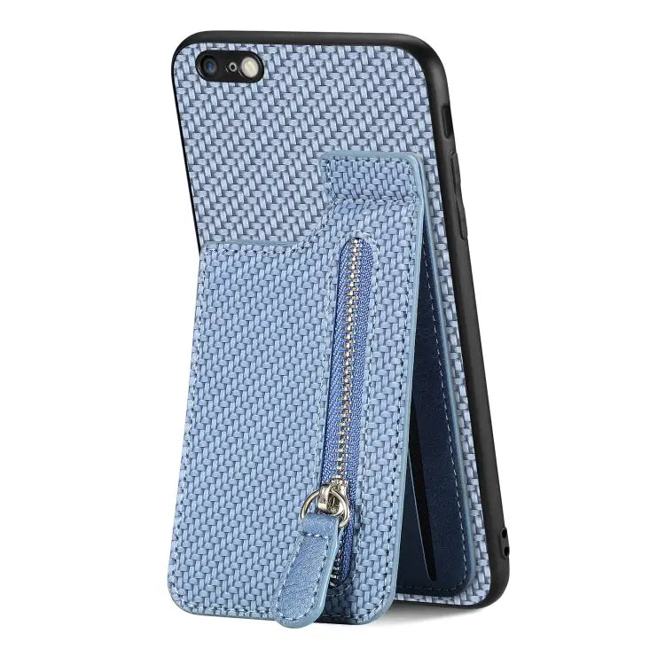 Carbon Fiber Vertical Flip Zipper Phone Case - For iPhone 6 Plus / 6s Plus / Blue - Apple Accessories