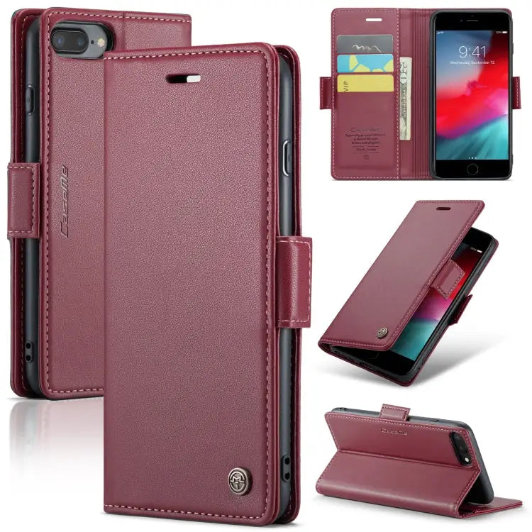 CaseMe 023 Butterfly Buckle Litchi Texture RFID Anti-theft Leather Phone Case - For iPhone 6 Plus/7 Plus/8 Plus / Wine