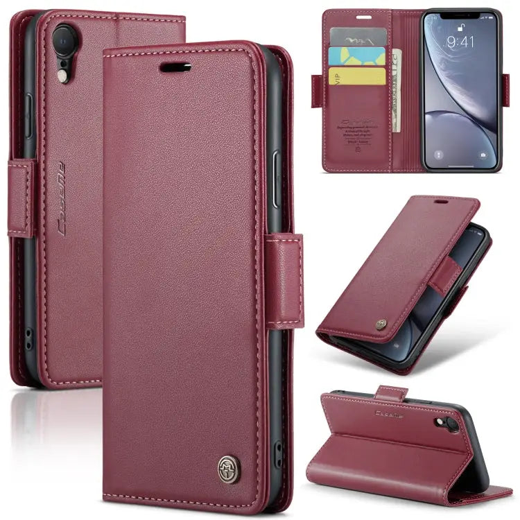 CaseMe 023 Butterfly Buckle Litchi Texture RFID Anti-theft Leather Phone Case - For iPhone XR / Wine Red