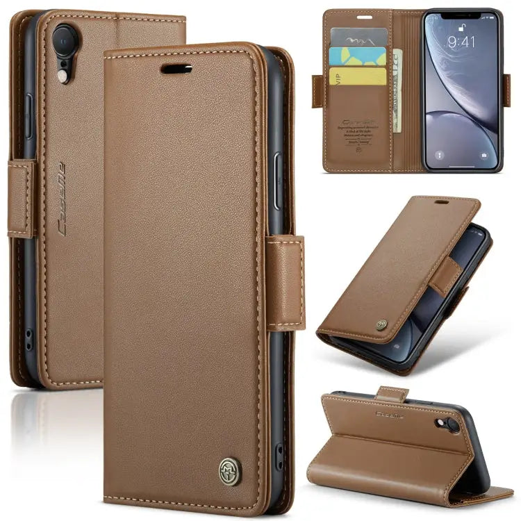 CaseMe 023 Butterfly Buckle Litchi Texture RFID Anti-theft Leather Phone Case - For iPhone XR / Brown