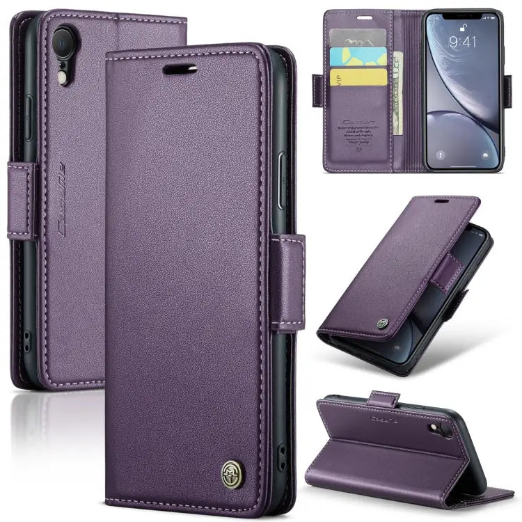 CaseMe 023 Butterfly Buckle Litchi Texture RFID Anti-theft Leather Phone Case - For iPhone XR / Pearly Purple