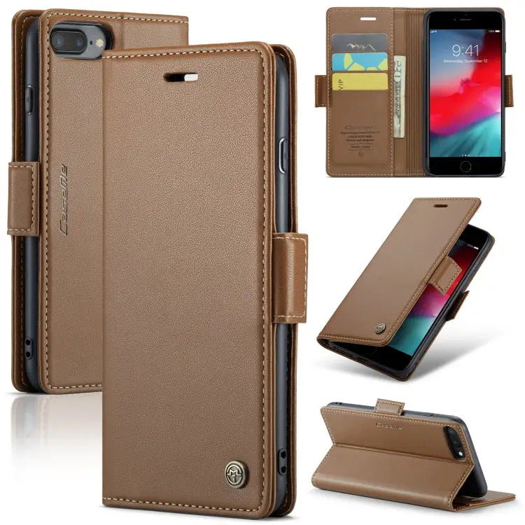 CaseMe 023 Butterfly Buckle Litchi Texture RFID Anti-theft Leather Phone Case - For iPhone 6 Plus/7 Plus/8 Plus / Brown