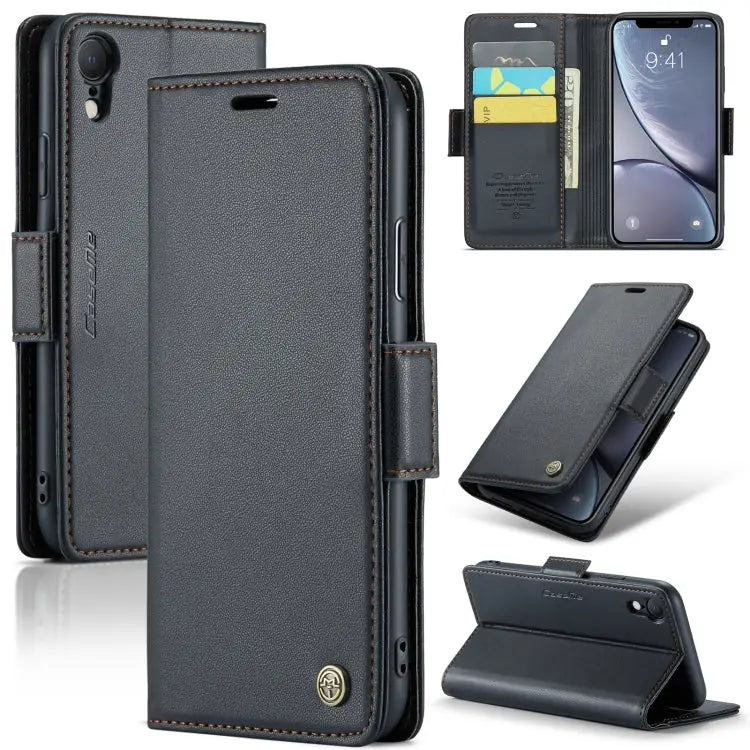 CaseMe 023 Butterfly Buckle Litchi Texture RFID Anti-theft Leather Phone Case - For iPhone XR / Black