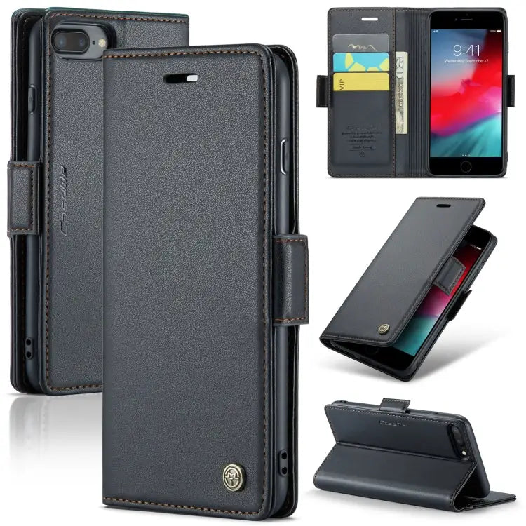 CaseMe 023 Butterfly Buckle Litchi Texture RFID Anti-theft Leather Phone Case - For iPhone 6 Plus/7 Plus/8 Plus / Black