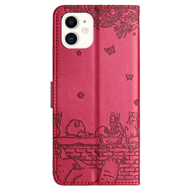 Cat Embossing Pattern Leather Phone Case with Lanyard