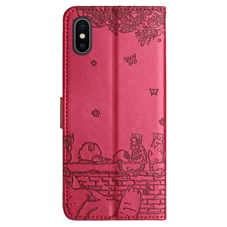 Cat Embossing Pattern Leather Phone Case with Lanyard