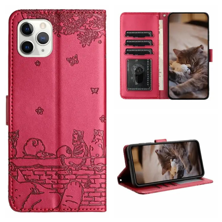 Cat Embossing Pattern Leather Phone Case with Lanyard - For iPhone 11 Pro Max / Red