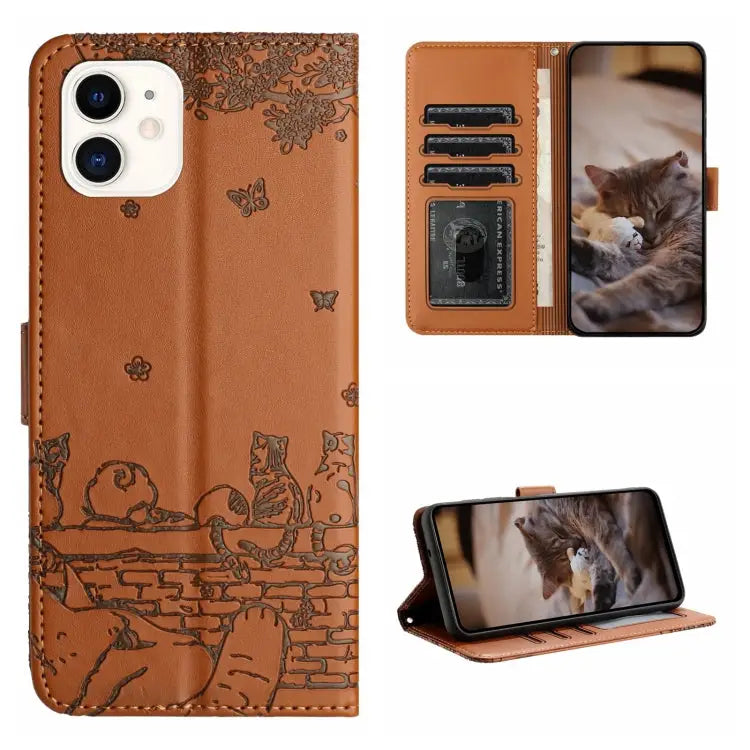 Cat Embossing Pattern Leather Phone Case with Lanyard - For iPhone 11 / Brown