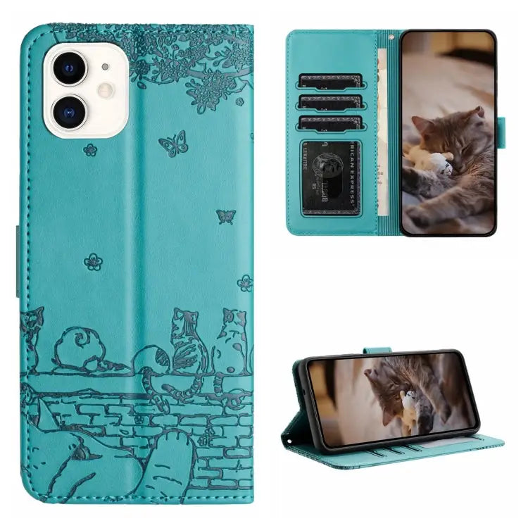 Cat Embossing Pattern Leather Phone Case with Lanyard - For iPhone 11 / Blue