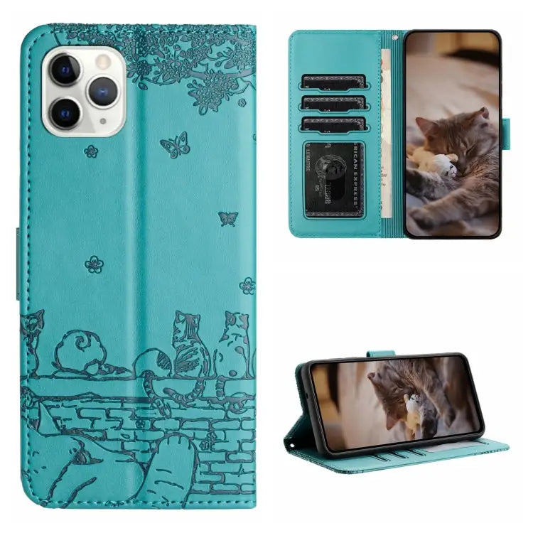 Cat Embossing Pattern Leather Phone Case with Lanyard - For iPhone 11 Pro / Blue
