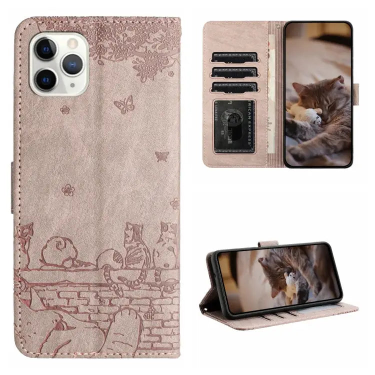 Cat Embossing Pattern Leather Phone Case with Lanyard - For iPhone 11 Pro / Grey