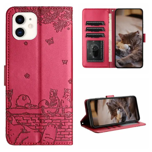 Cat Embossing Pattern Leather Phone Case with Lanyard - For iPhone 12 mini / Red