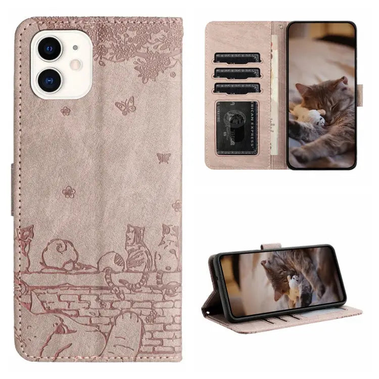 Cat Embossing Pattern Leather Phone Case with Lanyard - For iPhone 12 mini / Grey