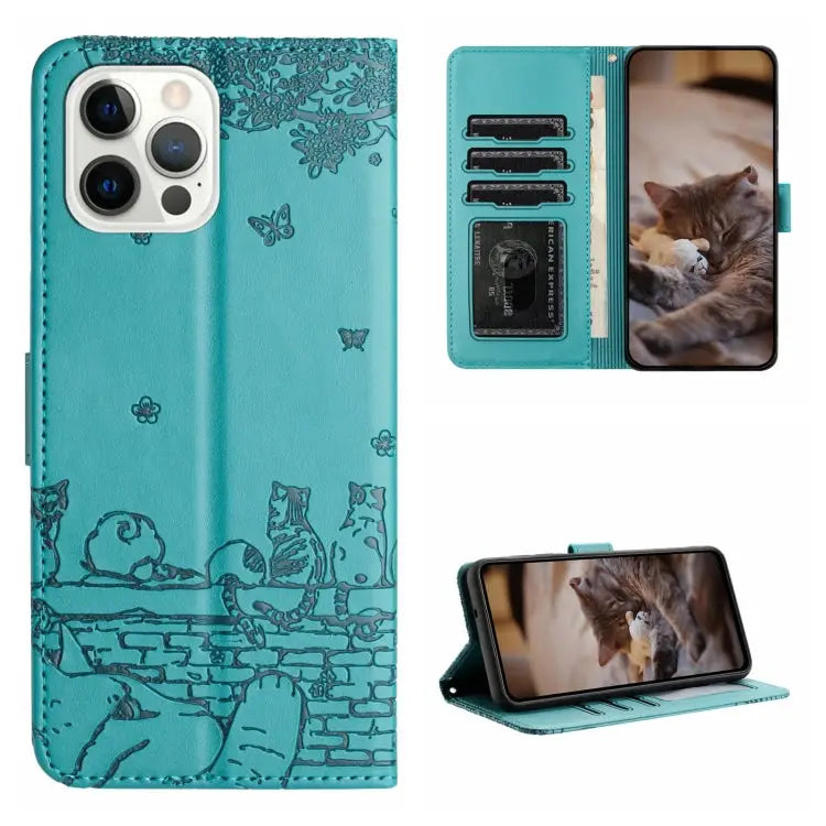 Cat Embossing Pattern Leather Phone Case with Lanyard - For iPhone 14 Pro Max / Blue