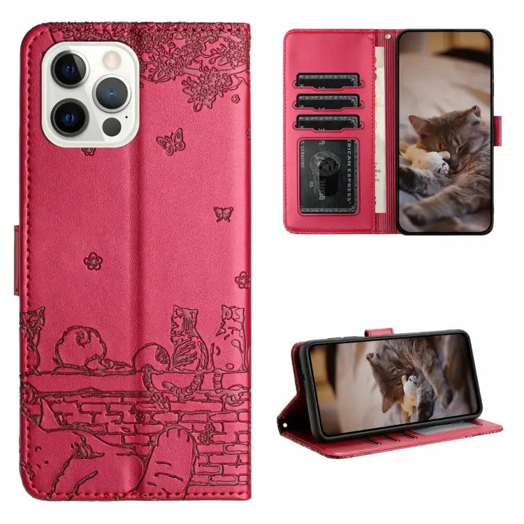 Cat Embossing Pattern Leather Phone Case with Lanyard - For iPhone 14 Pro Max / Red