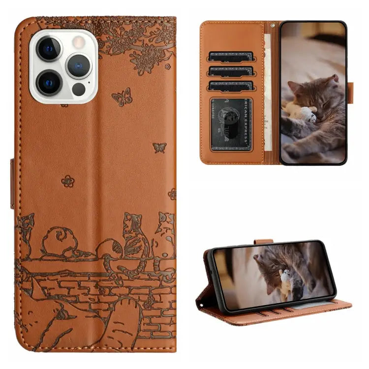 Cat Embossing Pattern Leather Phone Case with Lanyard - For iPhone 15 Pro Max / Brown