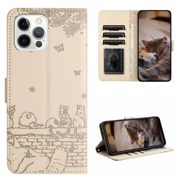 Cat Embossing Pattern Leather Phone Case with Lanyard - For iPhone 15 Pro Max / Beige