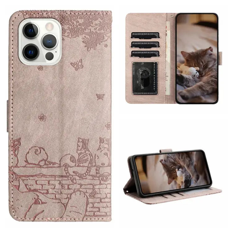 Cat Embossing Pattern Leather Phone Case with Lanyard - For iPhone 15 Pro / Grey