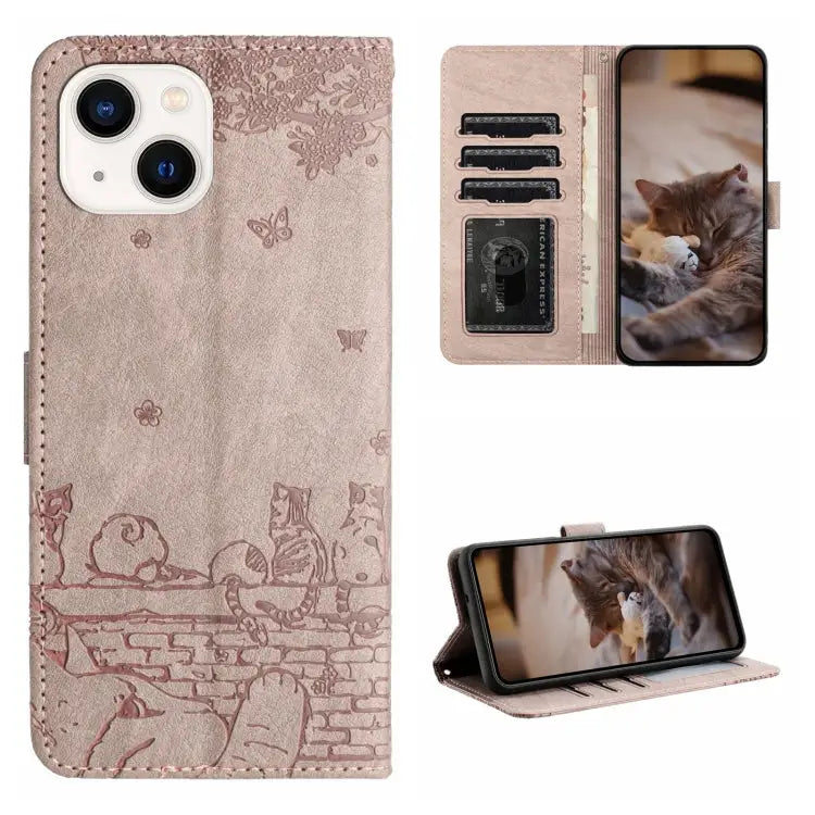 Cat Embossing Pattern Leather Phone Case with Lanyard - For iPhone 15 Plus / Grey