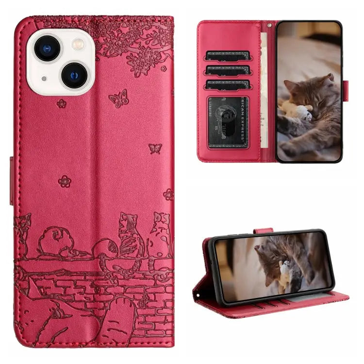 Cat Embossing Pattern Leather Phone Case with Lanyard - For iPhone 15 Plus / Red