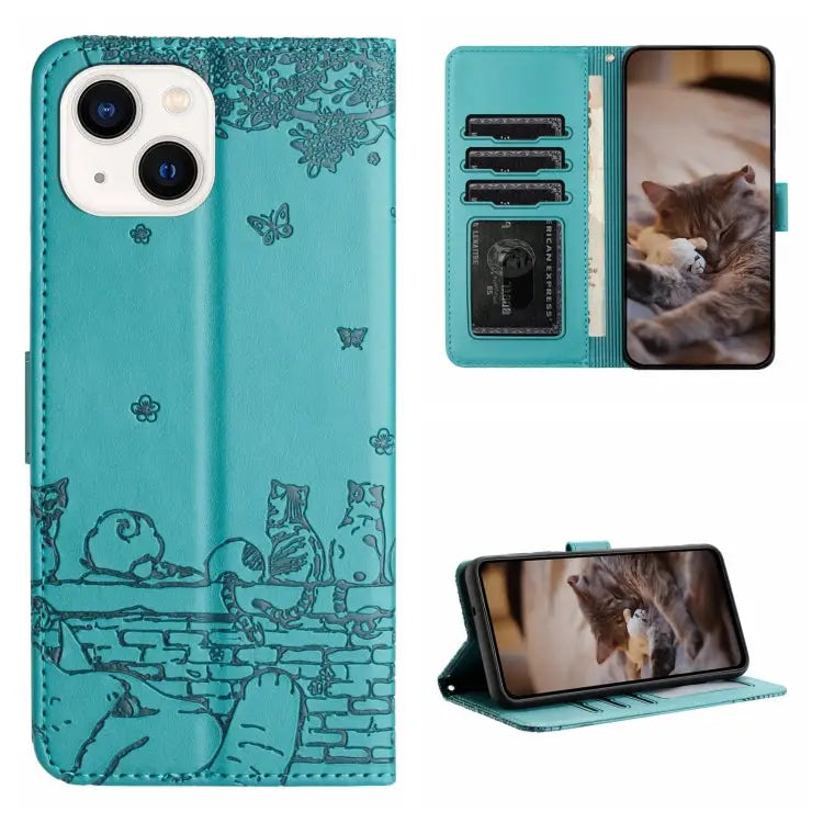 Cat Embossing Pattern Leather Phone Case with Lanyard - For iPhone 15 Plus / Blue