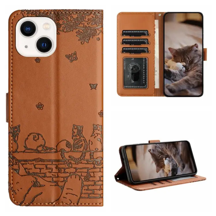 Cat Embossing Pattern Leather Phone Case with Lanyard - For iPhone 15 Plus / Brown