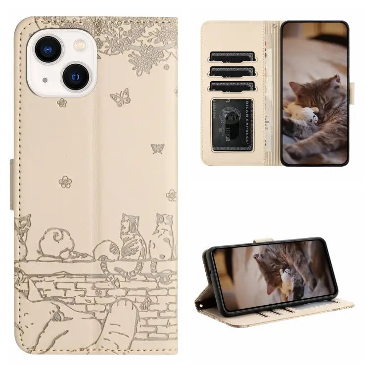 Cat Embossing Pattern Leather Phone Case with Lanyard - For iPhone 15 Plus / Beige