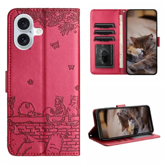 Cat Embossing Pattern Leather Phone Case with Lanyard - For iPhone 16 / Red