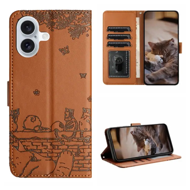 Cat Embossing Pattern Leather Phone Case with Lanyard - For iPhone 16 / Brown