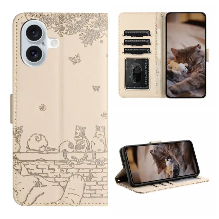 Cat Embossing Pattern Leather Phone Case with Lanyard - For iPhone 16 / Beige