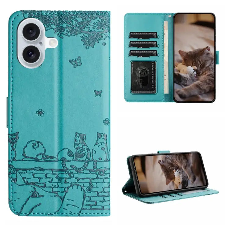 Cat Embossing Pattern Leather Phone Case with Lanyard - For iPhone 16 / Blue