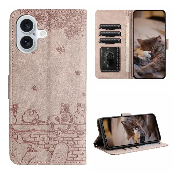 Cat Embossing Pattern Leather Phone Case with Lanyard - For iPhone 16 / Grey