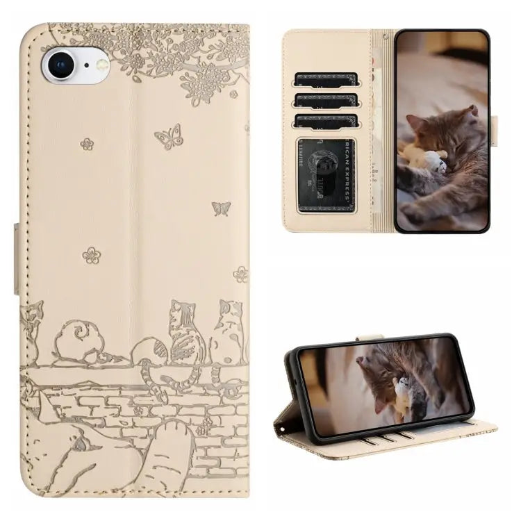Cat Embossing Pattern Leather Phone Case with Lanyard - For iPhone 7 / 8 / SE 2020 / SE 2022 / Beige