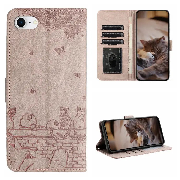 Cat Embossing Pattern Leather Phone Case with Lanyard - For iPhone 7 / 8 / SE 2020 / SE 2022 / Grey