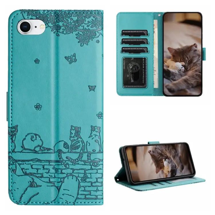 Cat Embossing Pattern Leather Phone Case with Lanyard - For iPhone 7 / 8 / SE 2020 / SE 2022 / Blue