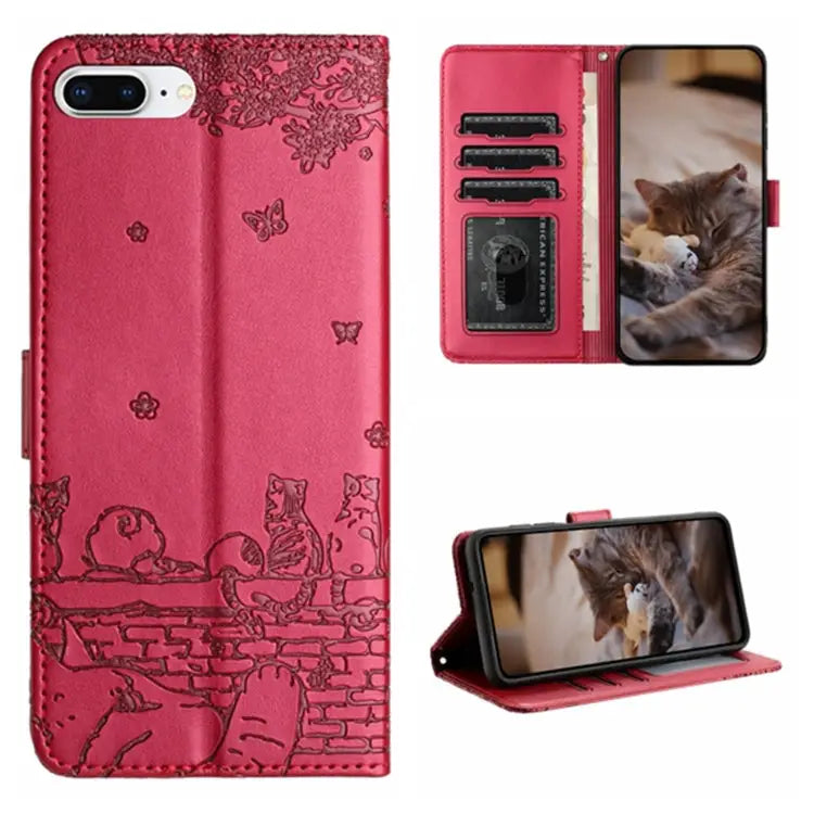 Cat Embossing Pattern Leather Phone Case with Lanyard - For iPhone 7 Plus / 8 Plus / Red