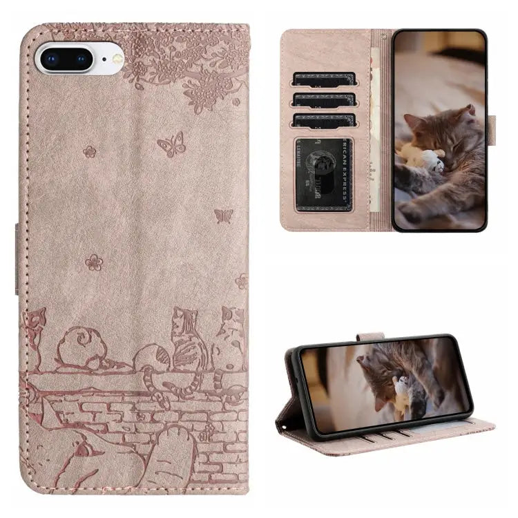 Cat Embossing Pattern Leather Phone Case with Lanyard - For iPhone 7 Plus / 8 Plus / Grey