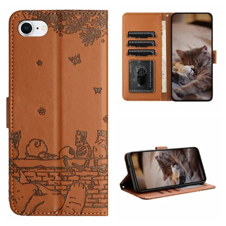 Cat Embossing Pattern Leather Phone Case with Lanyard - For iPhone 7 / 8 / SE 2020 / SE 2022 / Brown