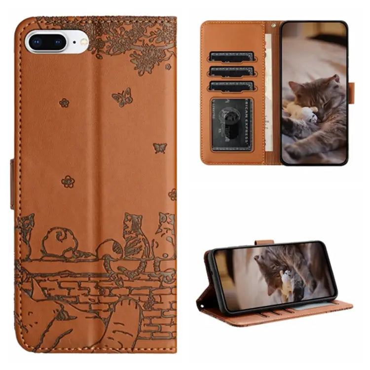 Cat Embossing Pattern Leather Phone Case with Lanyard - For iPhone 7 Plus / 8 Plus / Brown