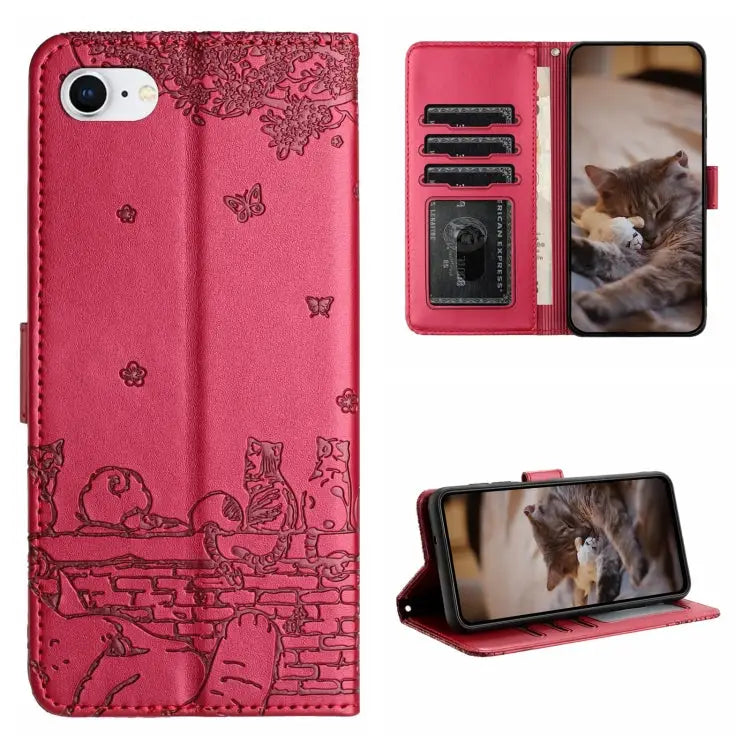 Cat Embossing Pattern Leather Phone Case with Lanyard - For iPhone 7 / 8 / SE 2020 / SE 2022 / Red
