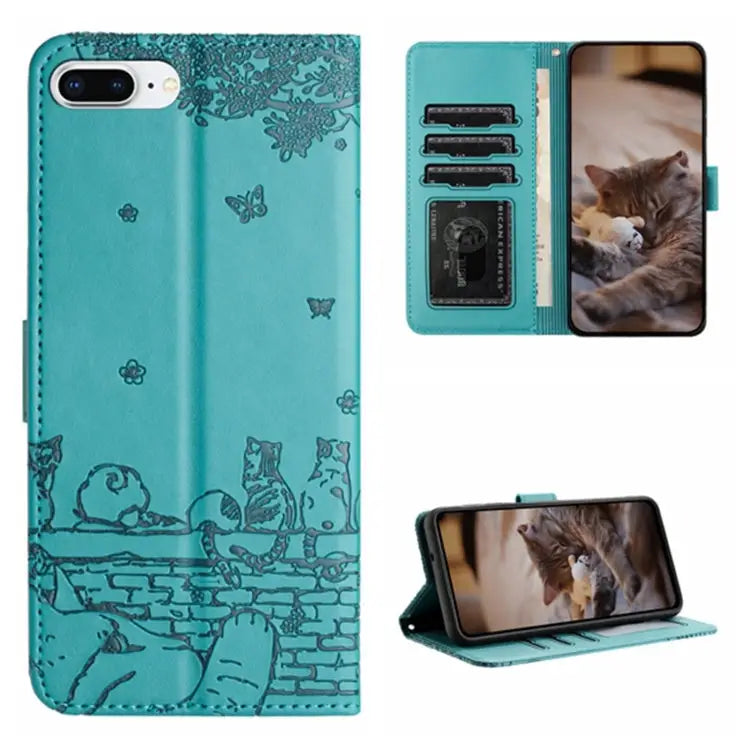 Cat Embossing Pattern Leather Phone Case with Lanyard - For iPhone 7 Plus / 8 Plus / Blue