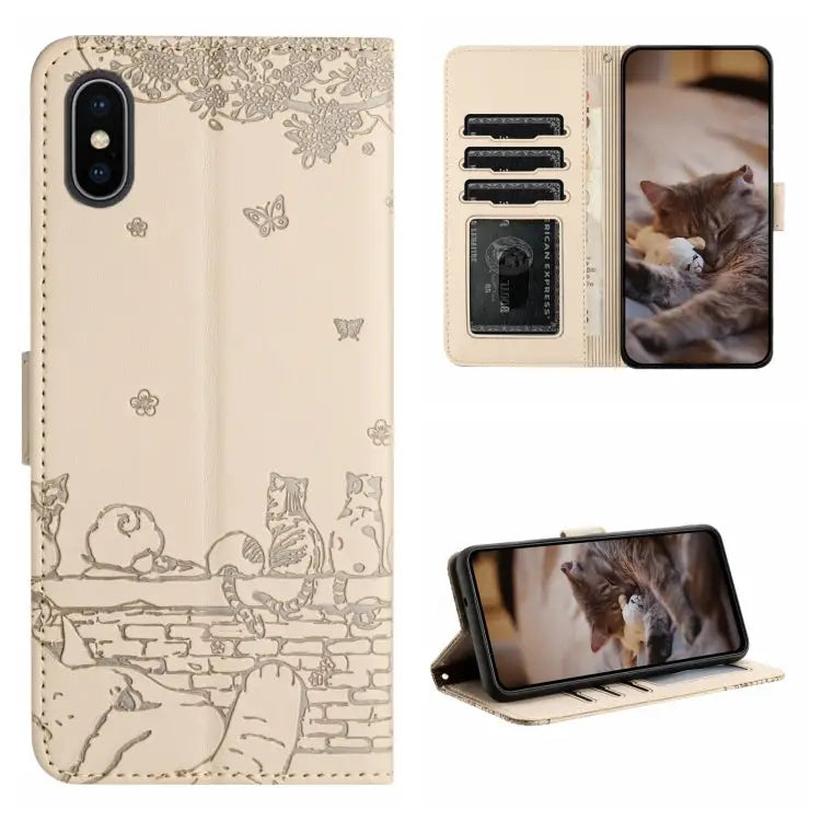 Cat Embossing Pattern Leather Phone Case with Lanyard - For iPhone X / Beige