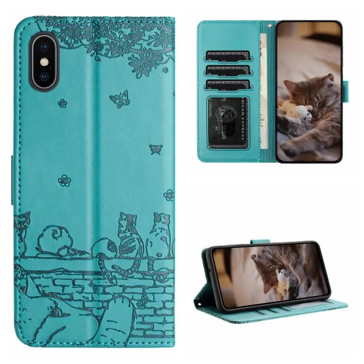Cat Embossing Pattern Leather Phone Case with Lanyard - For iPhone X / Blue