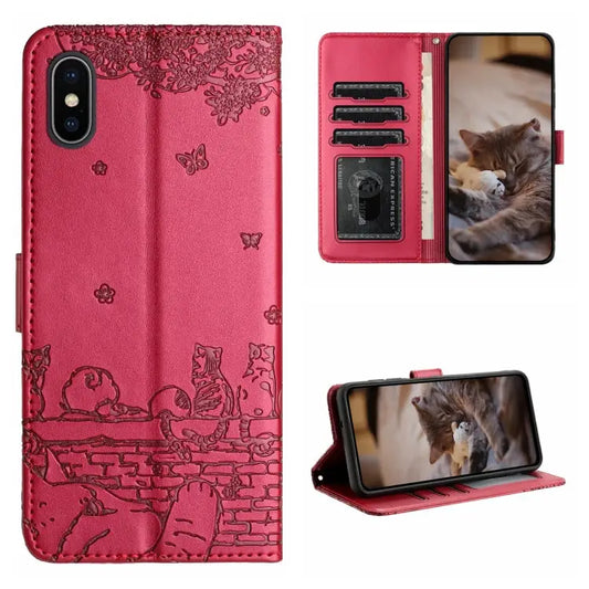 Cat Embossing Pattern Leather Phone Case with Lanyard - For iPhone XS Max / Red