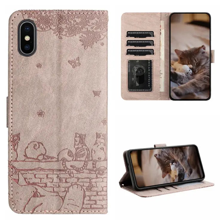 Cat Embossing Pattern Leather Phone Case with Lanyard - For iPhone XS Max / Grey