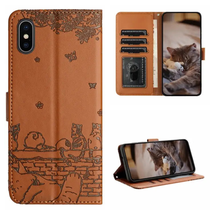 Cat Embossing Pattern Leather Phone Case with Lanyard - For iPhone XS Max / Brown