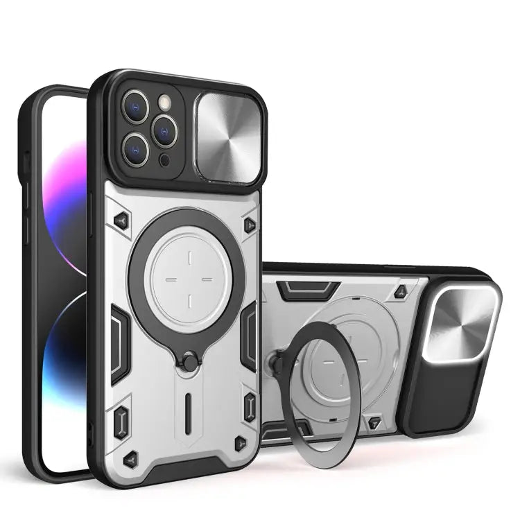 CD Texture Sliding Camshield Magnetic Holder Phone Case - For iPhone 12 Pro / Silver