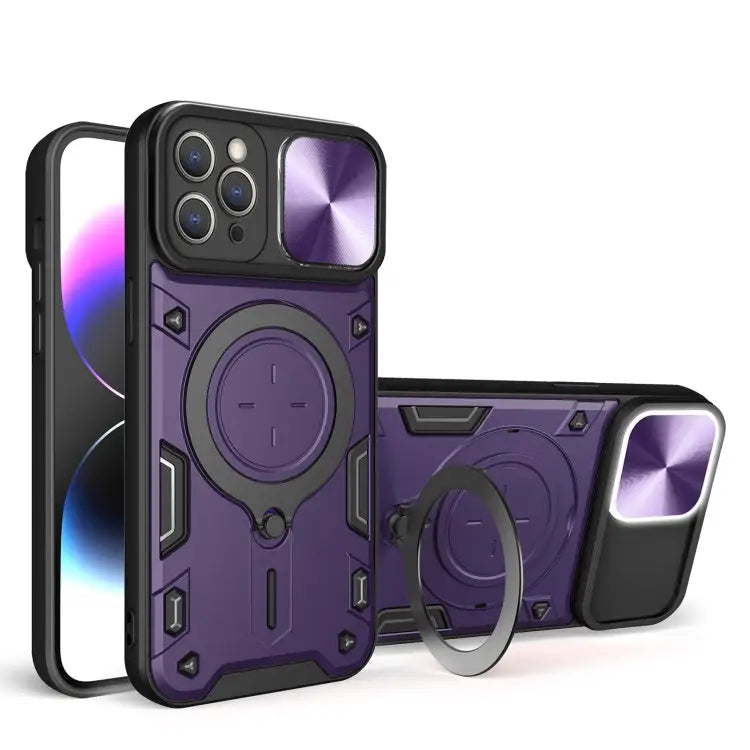 CD Texture Sliding Camshield Magnetic Holder Phone Case - For iPhone 12 Pro Max / Purple