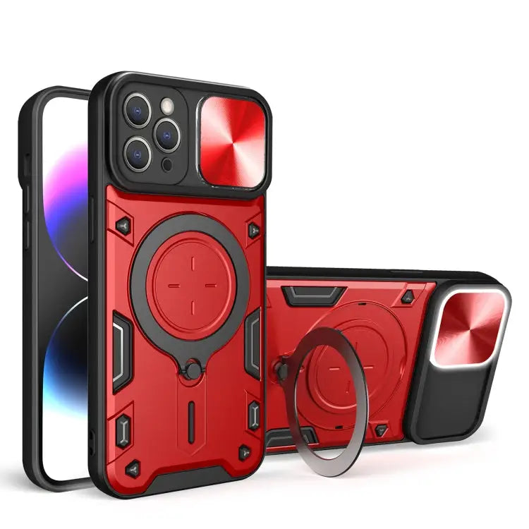 CD Texture Sliding Camshield Magnetic Holder Phone Case - For iPhone 12 Pro Max / Red