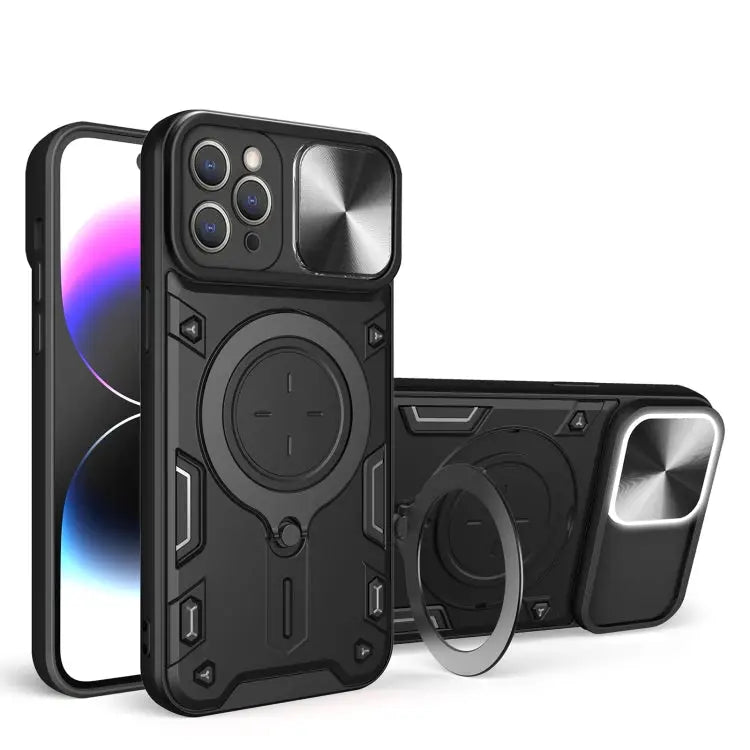 CD Texture Sliding Camshield Magnetic Holder Phone Case - For iPhone 12 Pro / Black